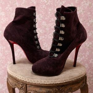 Christian Louboutin Troopista 120 Wine Purple Suede Lace Up Ankle Boot Pumps